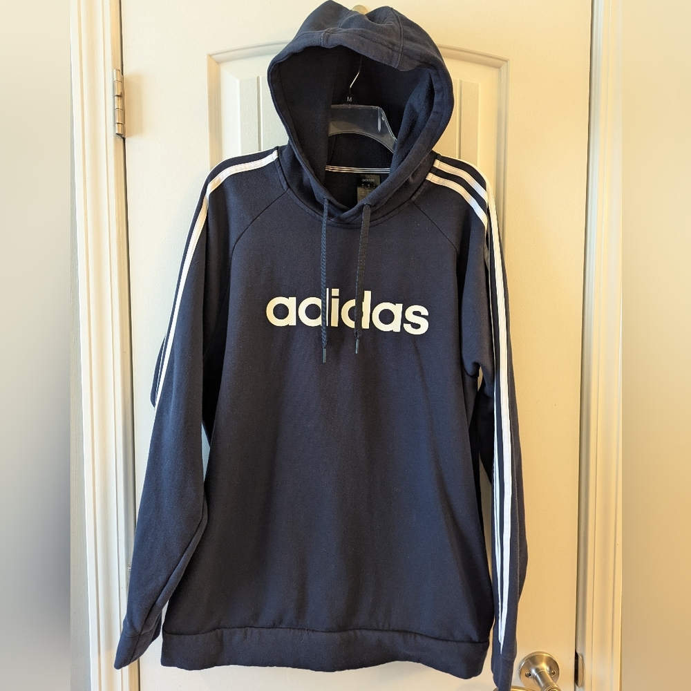Adidas Dark Blue Hoodie With Adidas 3 White Stripes Down Sleeves XL
